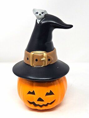 Vintage Ceramic Halloween Jack o Lantern Pumpkin Figurine Witch Hat Hand Made 9"